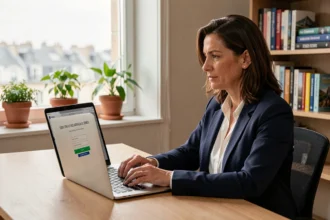 Femme professionnelle accédant à l'intranet IAD depuis un bureau à domicile à l'étranger sur son ordinateur portable
