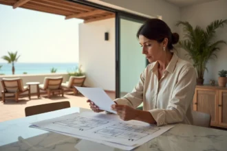 Femme consultant des documents immobiliers dans un appartement moderne à Agadir avec vue sur l'océan