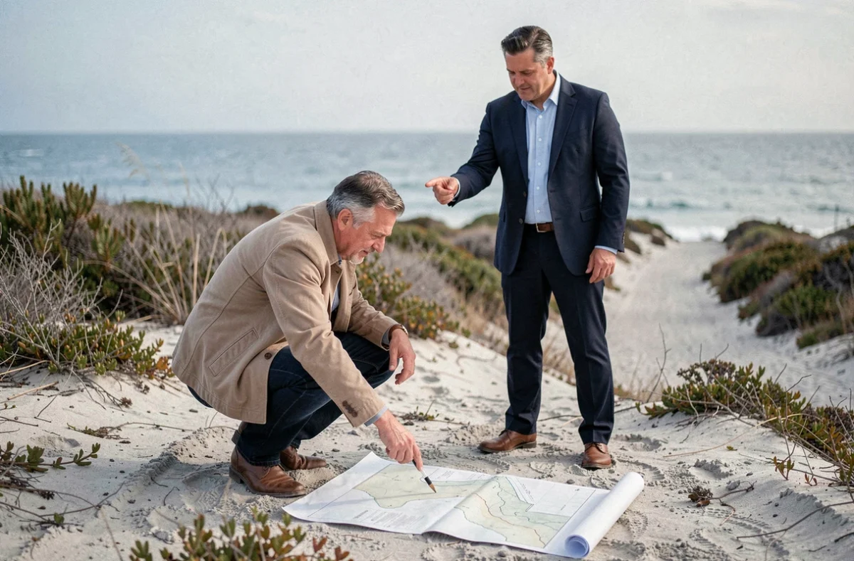 Homme examinant un plan de terrain avec un agent immobilier sur un terrain à vendre en bord de mer