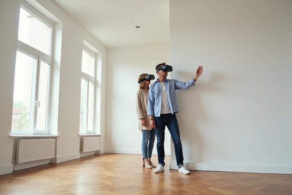 Couple d'acheteurs immobiliers portant des casques VR pour explorer une visite virtuelle immersive d'un appartement vide et lumineux