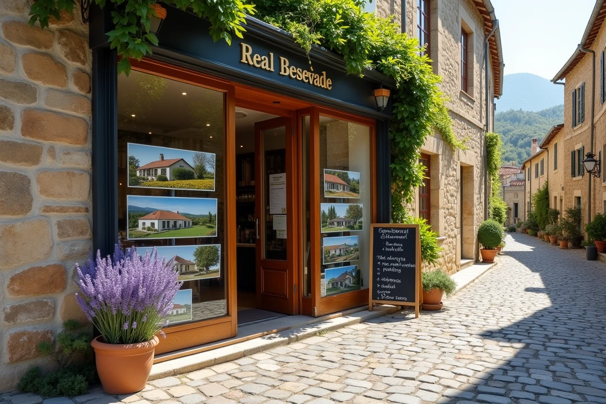 Vitrine d'agence immobilière dans une ruelle pavée d'un village de coteaux avec annonces de villas et propriétés viticoles