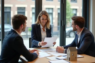 Agent immobilier remettant un contrat de bail immobilier à un couple dans une agence du Nord de la France