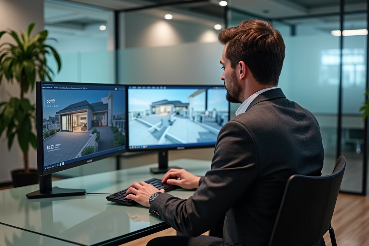 Agent immobilier masculin analysant une plateforme de visite virtuelle immobilière sur deux écrans dans un bureau d'agence moderne