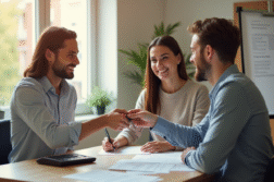Agent immobilier remettant les clés à un jeune couple souriant
