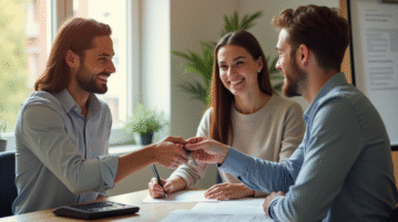 Agent immobilier remettant les clés à un jeune couple souriant
