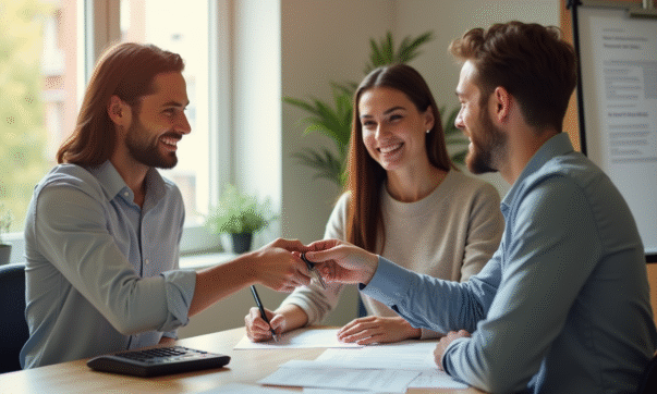 Agent immobilier remettant les clés à un jeune couple souriant