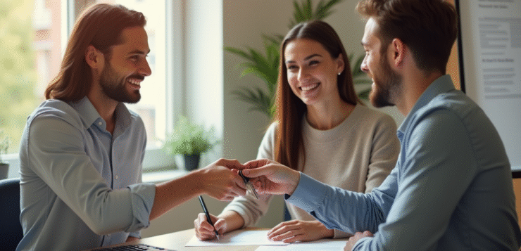 Agent immobilier remettant les clés à un jeune couple souriant