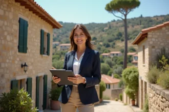 Agent immobilier devant une maison en pierre sur les coteaux méditerranéens avec tablette de présentation immobilière