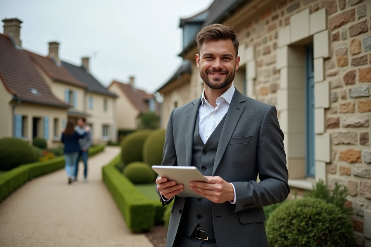 Agent immobilier présentant une estimation de maison sur tablette devant une façade en pierre