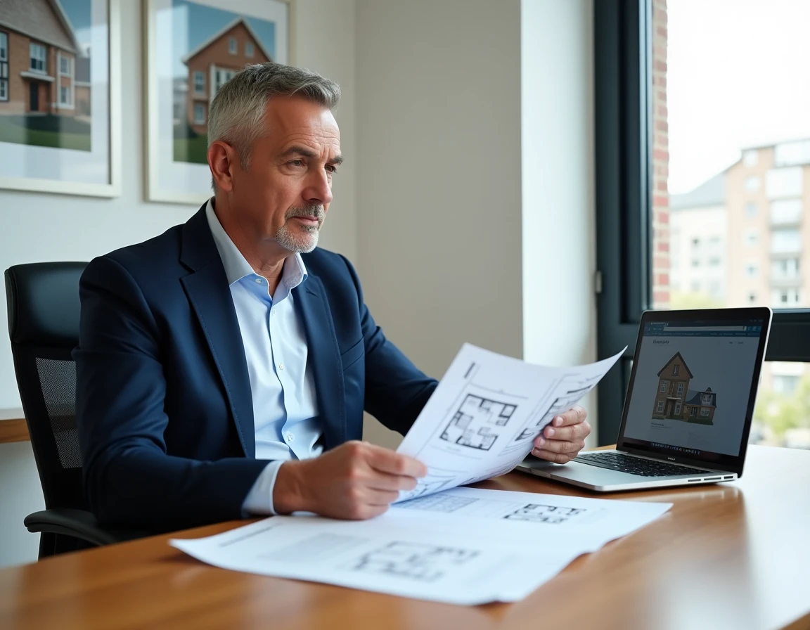 Agent immobilier analysant une estimation de prix pour une maison mitoyenne par le garage dans une agence immobilière moderne