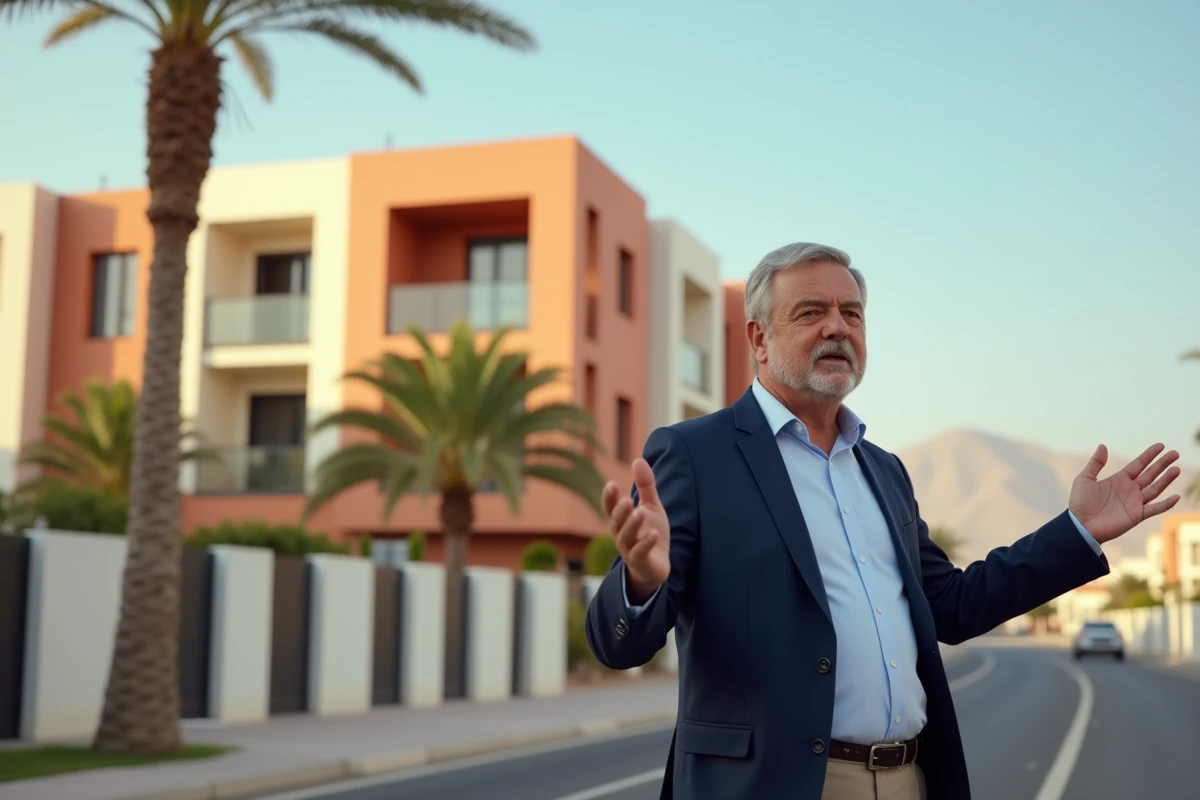 Agent immobilier présentant un immeuble résidentiel moderne à Agadir lors d'une visite extérieure