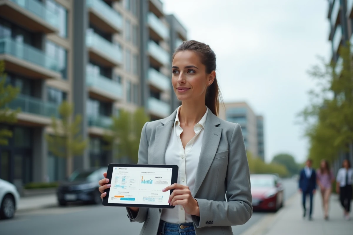 Femme agent immobilier tenant une tablette avec simulateur de rentabilité devant un immeuble résidentiel moderne