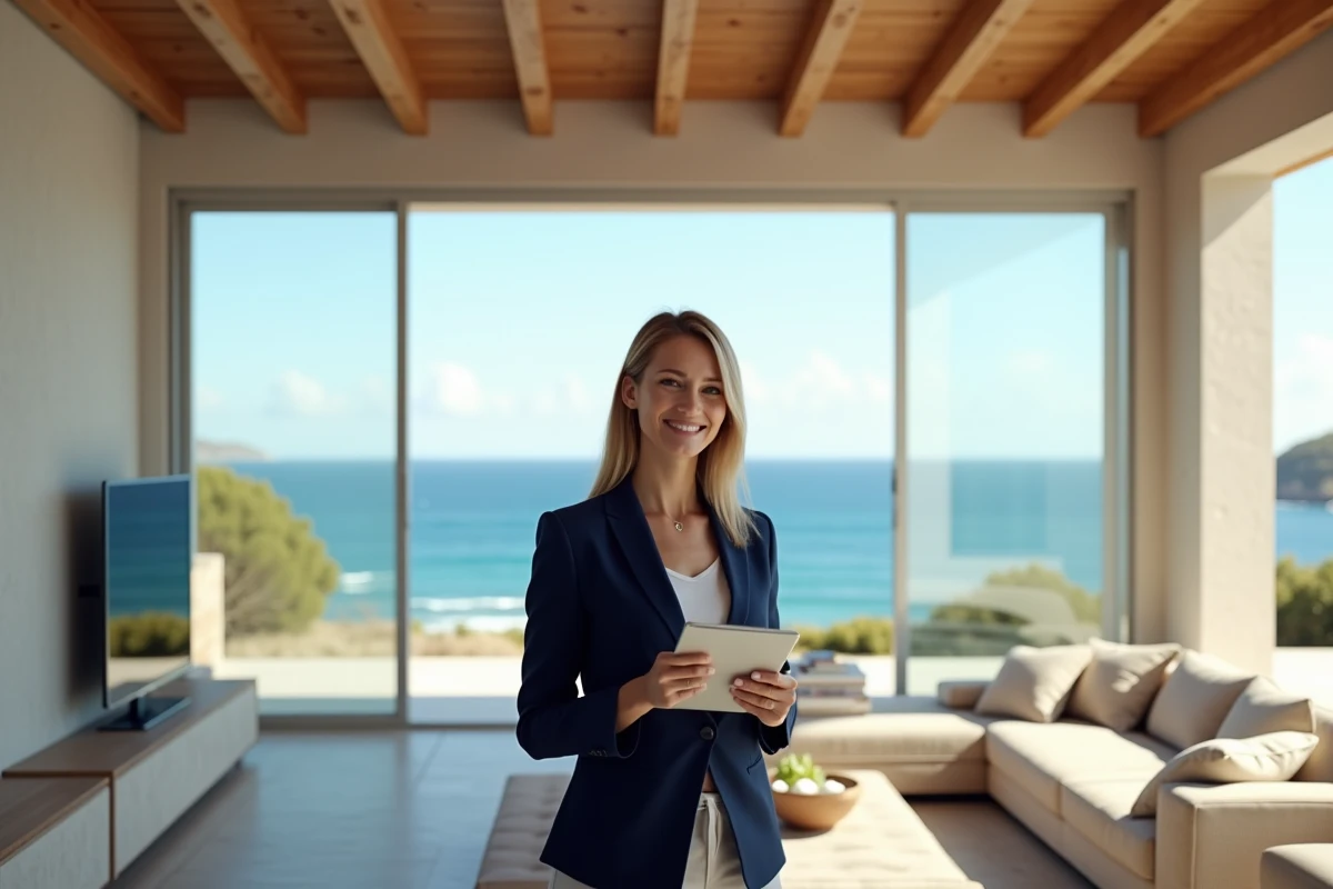 Agent immobilier présentant une villa avec vue sur mer à vendre sur la côte