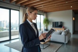 Agent immobilière utilisant une tablette pour présenter une visite virtuelle 3D lamaison360 dans un salon moderne aux finitions haut de gamme