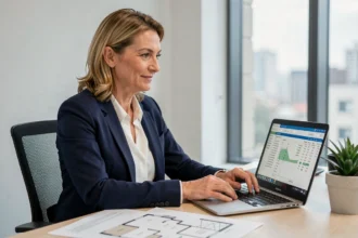 Agent immobilière utilisant un logiciel d'estimation immobilière sur ordinateur portable dans un bureau moderne