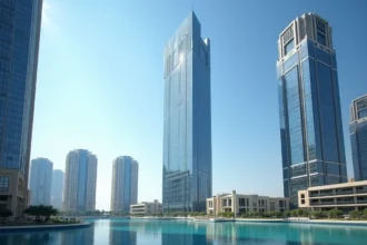 Vue extérieure de l'Almas Tower à Jumeirah Lakes Towers, Dubaï, reflet dans le lac environnant