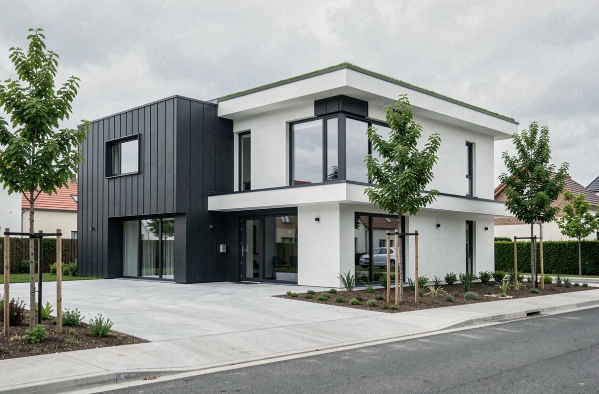 Maison contemporaine au bardage zinc et façade blanche construite par Alpha Constructions sur un lotissement en Charente