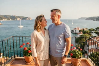 Couple sur la terrasse d'un appartement à Rosas avec vue sur la mer Costa Brava, investissement immobilier plaisir en Espagne