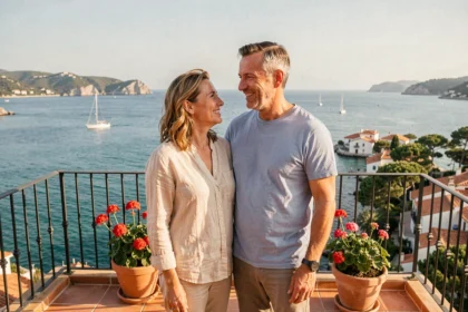 Couple sur la terrasse d'un appartement à Rosas avec vue sur la mer Costa Brava, investissement immobilier plaisir en Espagne