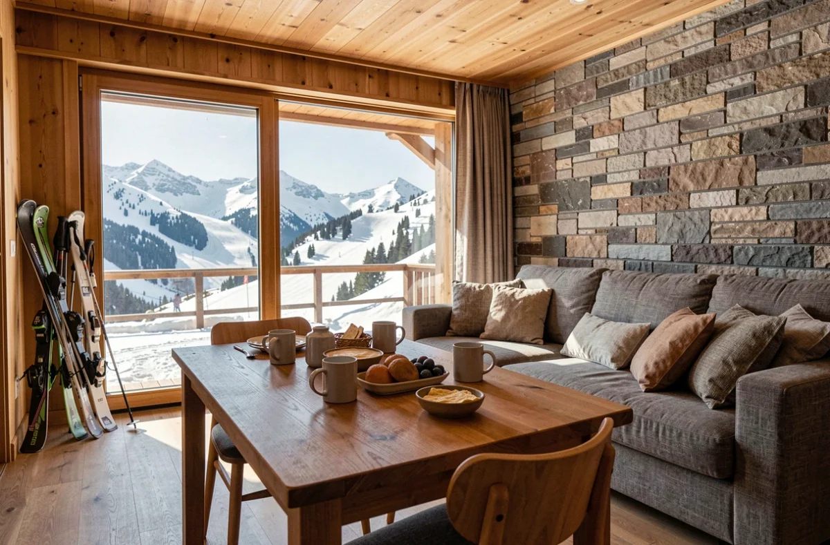 Intérieur chaleureux d'un appartement de la résidence La Croisette aux Menuires avec vue panoramique sur les pistes