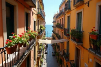 Balcon d'appartement barcelonais avec vue sur la rue et la mer proche de la plage de Barceloneta