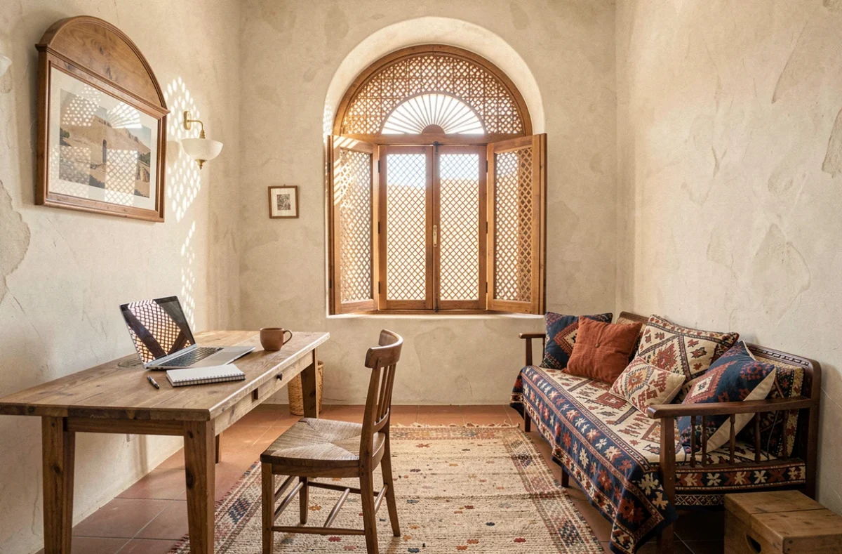 Intérieur d'un appartement meublé à louer à Essaouira avec espace de travail et décoration marocaine authentique