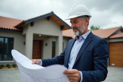 Architecte en costume bleu et casque blanc devant maison