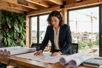 Architecte en charge d'un projet de logement durable étudiant des plans dans un bureau éco-responsable avec mur végétal