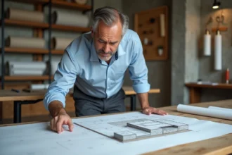 Architecte examinant un plan en coupe du terrain et de la construction sur une table à dessin en bois dans un studio d'architecture professionnel