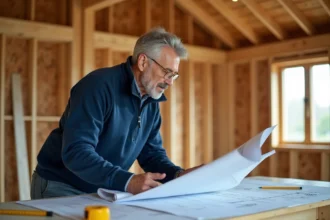 Architecte analysant les plans d'une maison à ossature bois en cours de construction, avec les poutres en bois apparentes