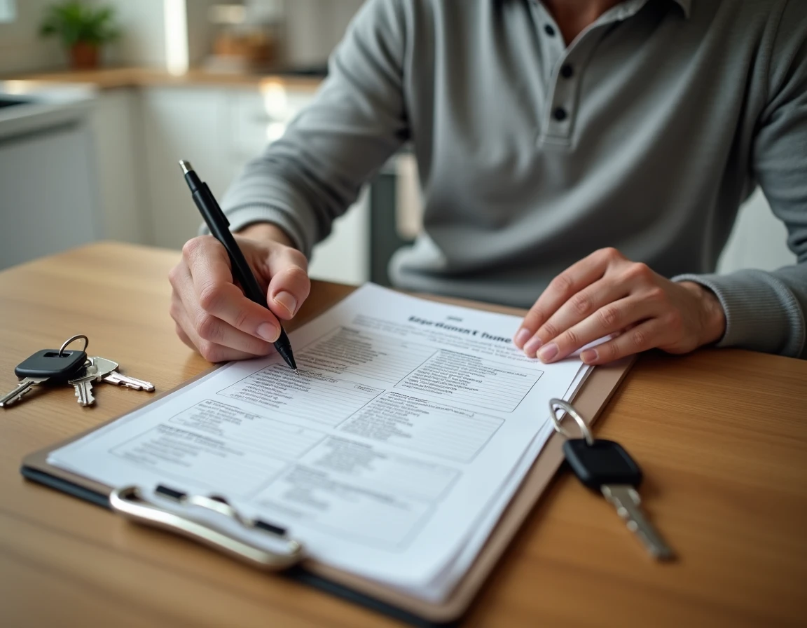 Locataire complétant une attestation de remise de clés PDF sur une table de cuisine lors d'un état des lieux
