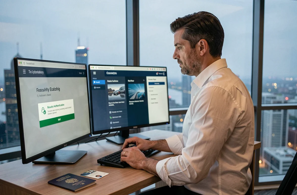 Professionnel en déplacement à l'étranger utilisant l'authentification double facteur pour accéder à l'intranet IAD en toute sécurité