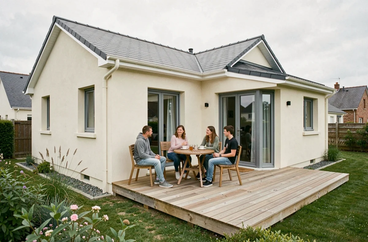 Maison plain-pied moderne construite par Bermax Construction avec terrasse bois et famille réunie en Charente