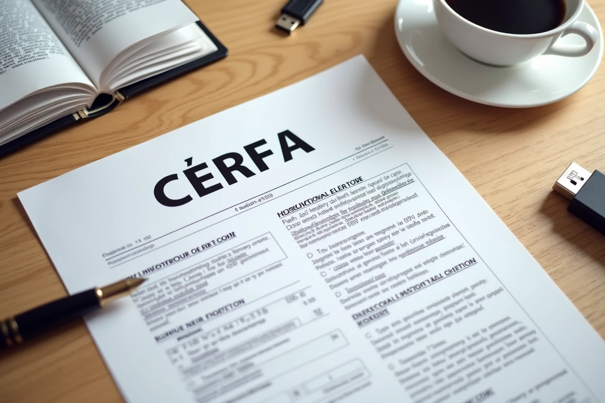 Vue aérienne d'un bureau avec formulaire Cerfa et documents pour l'inscription RCS en statut LMNP