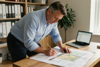 Homme consultant des plans de terrain et calculant l'emprise au sol sur un bureau avec des blueprints architecturaux
