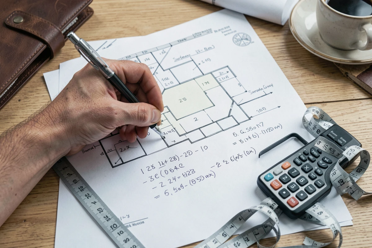 Gros plan sur des calculs d'emprise au sol annotés à la main sur un plan cadastral avec calculatrice et mètre ruban