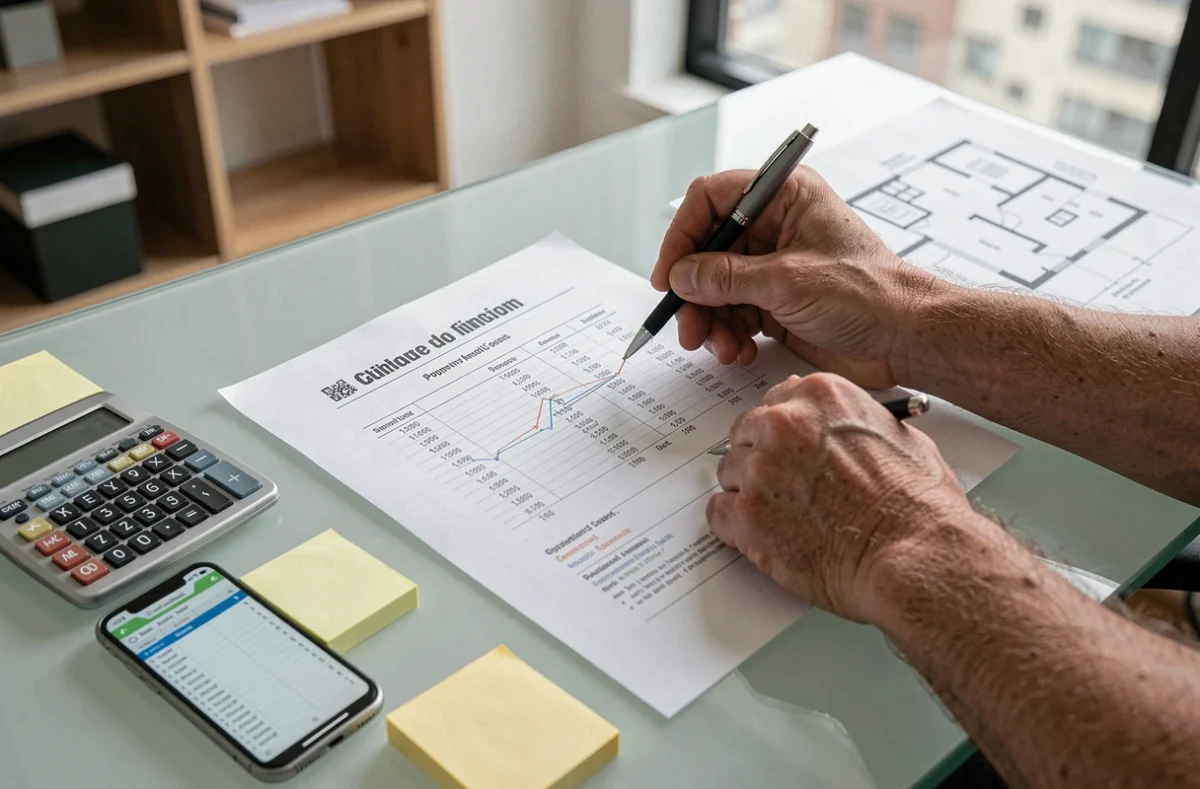 Mains d'un investisseur annotant un tableau de frais d'acquisition immobilière sur un bureau contemporain avec calculatrice et plan