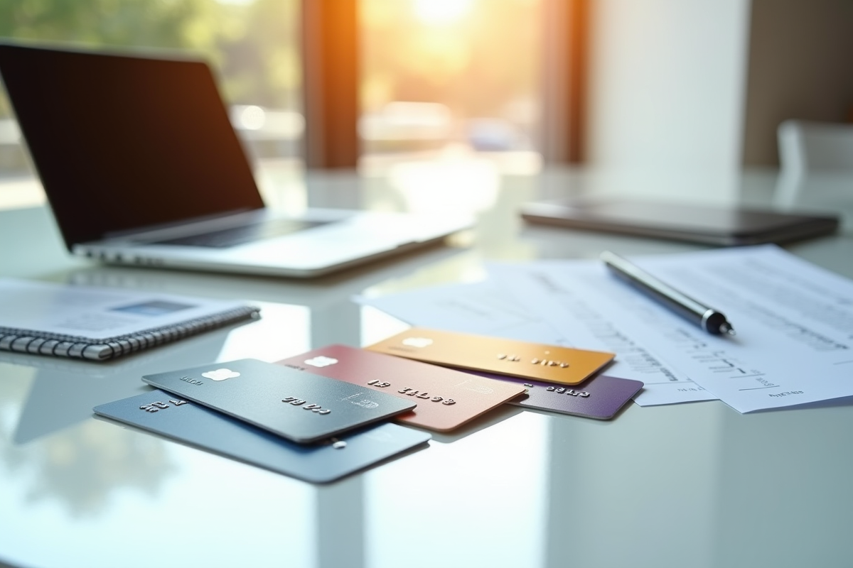 Cartes bancaires de banques en ligne sur un bureau lumineux avec ordinateur et documents financiers