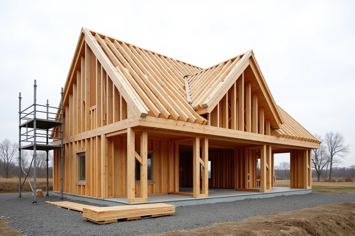 Ossature bois d'une maison individuelle en construction avec la charpente en bois apparente et les échafaudages