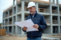 Chef de chantier examine plans sur un site en construction