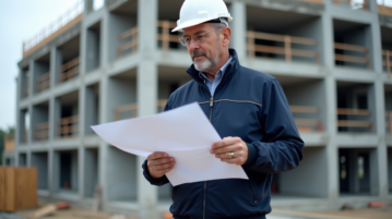 Chef de chantier examine plans sur un site en construction