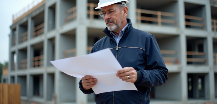 Chef de chantier examine plans sur un site en construction