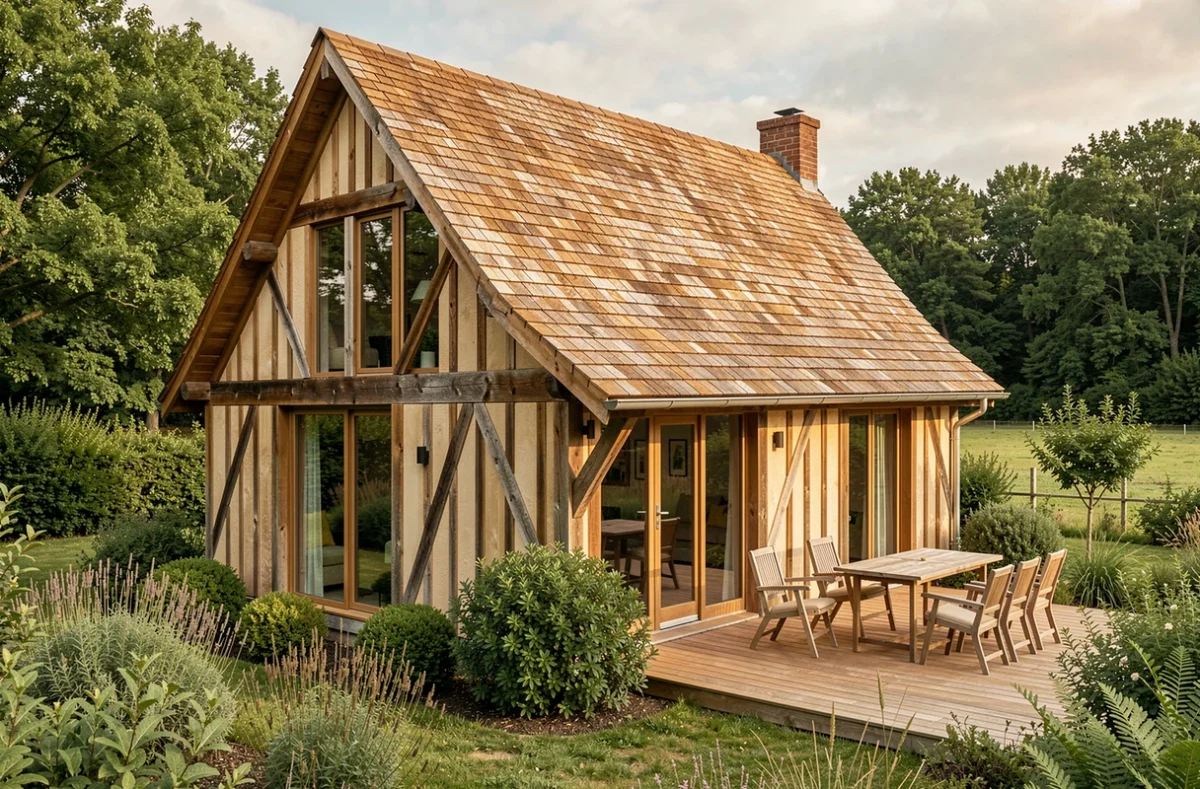 Maison à ossature bois construite par Cogebois dans le Gers, avec grandes baies vitrées et bardage en mélèze naturel