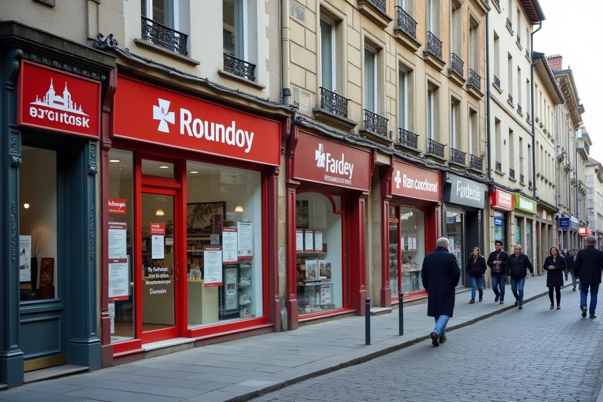 Rangée de vitrines d'agences immobilières concurrentes dans une rue commerçante de Colmar