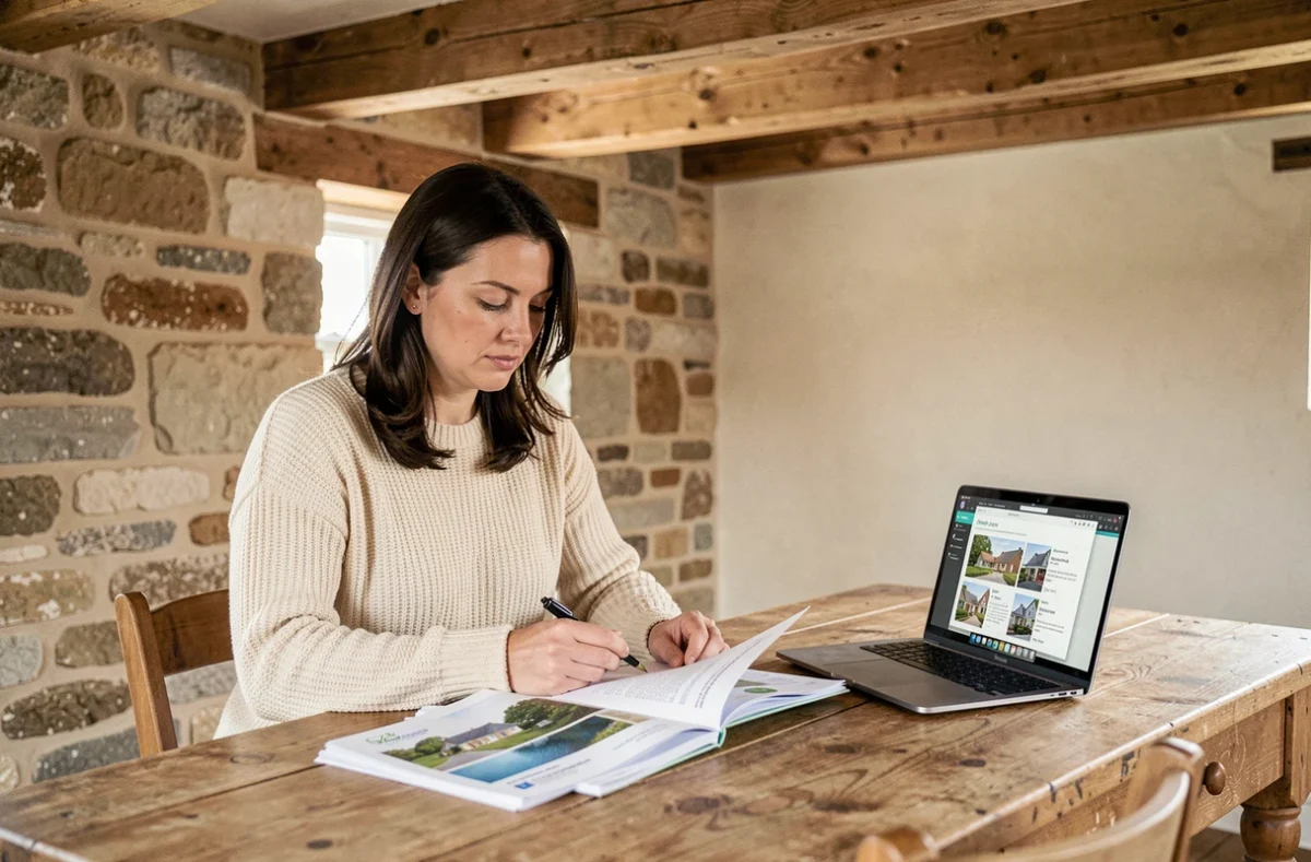 Femme comparant des offres immobilières bretonnes entre maison de pêcheur et longère sur une table en bois rustique
