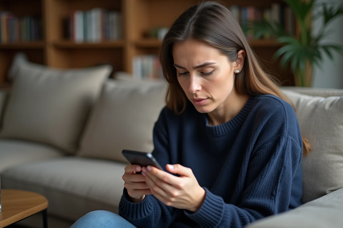 Femme concentrée essayant de se connecter à son espace client sur smartphone depuis son salon