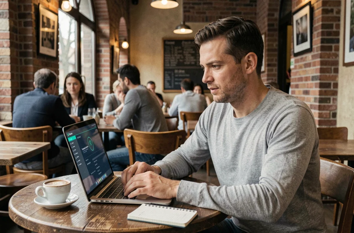 Homme se connectant de manière sécurisée à l'intranet professionnel via VPN depuis un café en Europe
