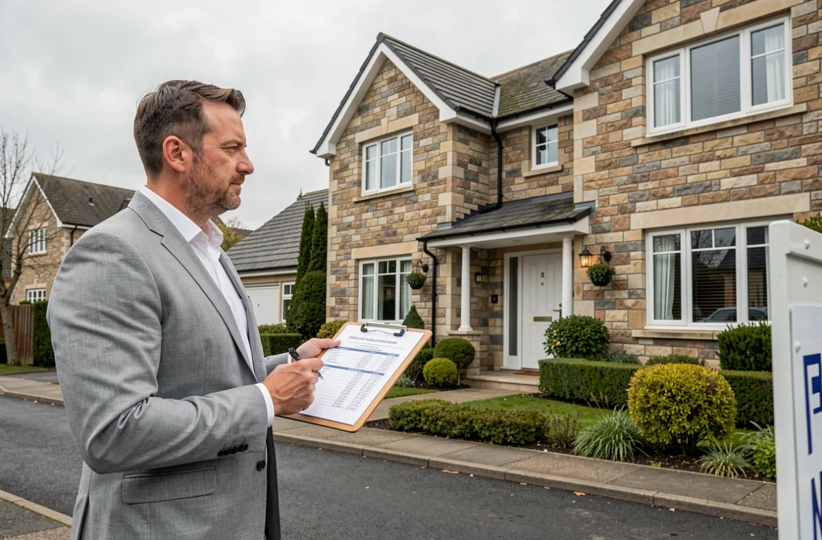 Conseiller immobilier évaluant le prix d'une maison en extérieur avec des documents d'estimation à la main