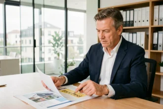 Conseiller immobilier expliquant la loi Pinel et la réduction fiscale sur des documents d'investissement locatif