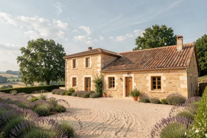 Maison individuelle neuve avec façade en pierre charentaise et jardin paysager, représentant les constructeurs de maisons en Charente